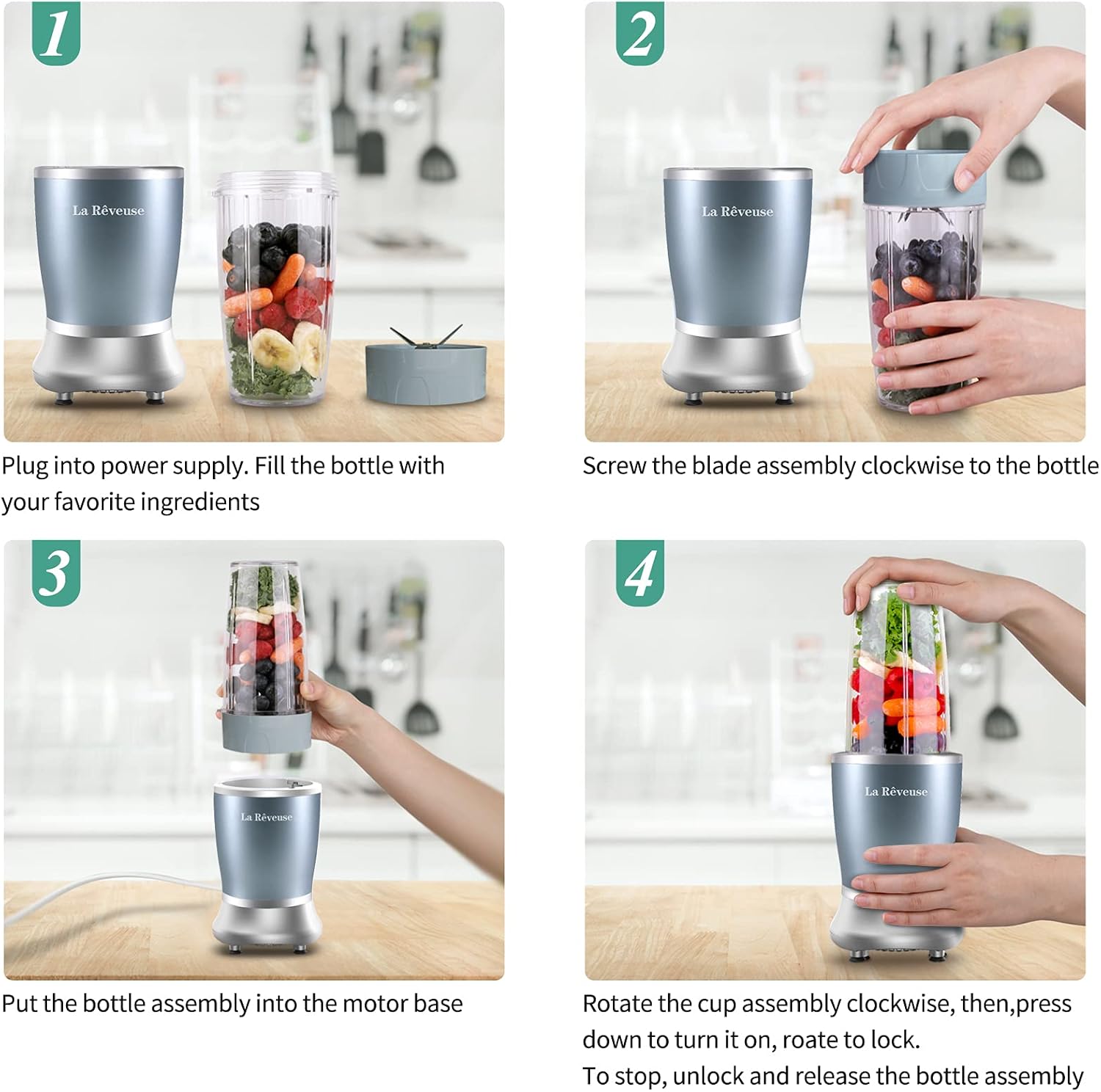 La Reveuse Personal Size Blender 250 Watts Power for Shakes Smoothies Seasonings Sauces with 1 Piece 15 oz Cup,1 Piece 10 oz Mug,BPA Free (Black) - PuriLite