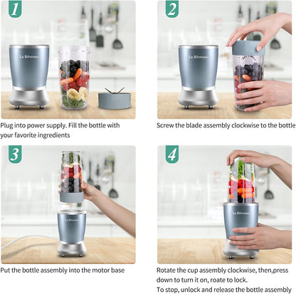 La Reveuse Personal Size Blender 250 Watts Power for Shakes Smoothies Seasonings Sauces with 1 Piece 15 oz Cup,1 Piece 10 oz Mug,BPA Free (Black) - PuriLite