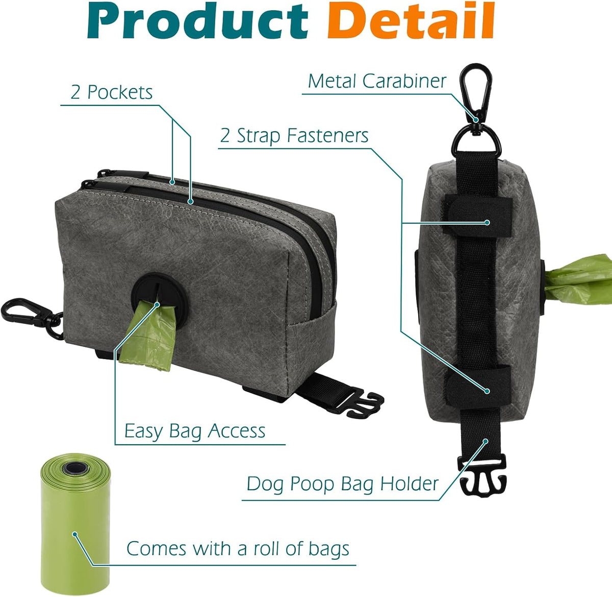 PetBonus Waterproof Dog Poop Bag Holder for leashes, Portable Pet Waste Bag Dispenser, 2 Pouches for Treat Holder and Walking Accessories, Fit All Leashes, Includes 1 Roll of Dog Poop Bags (Green) - PuriLite