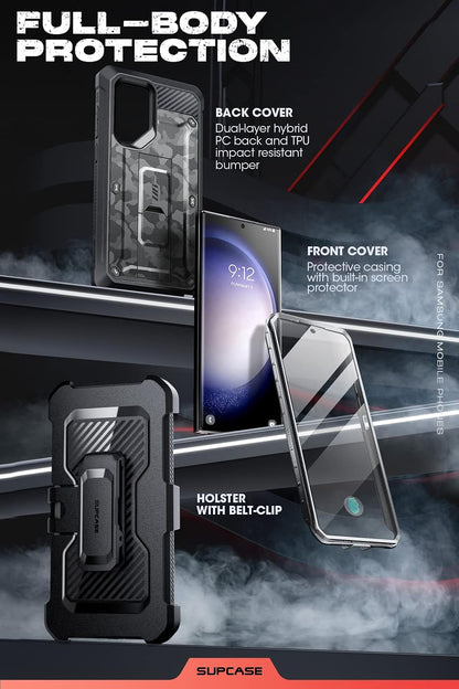 SUPCASE Unicorn Beetle Pro Case for Samsung Galaxy S23 Ultra 5G (2023), [Extra Front Frame] Full-Body Dual Layer Rugged Belt-Clip & Kickstand Case with Built-in Screen Protector (Black) - PuriLite