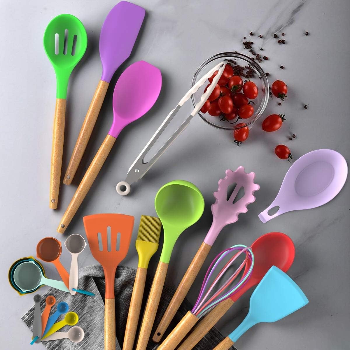 Umite Chef Kitchen Cooking Utensils Set, 33 pcs Non-Stick Silicone Cooking Kitchen Utensils Spatula Set with Holder, Wooden Handle Silicone Kitchen Gadgets Utensil Set (Khaki) - PuriLite