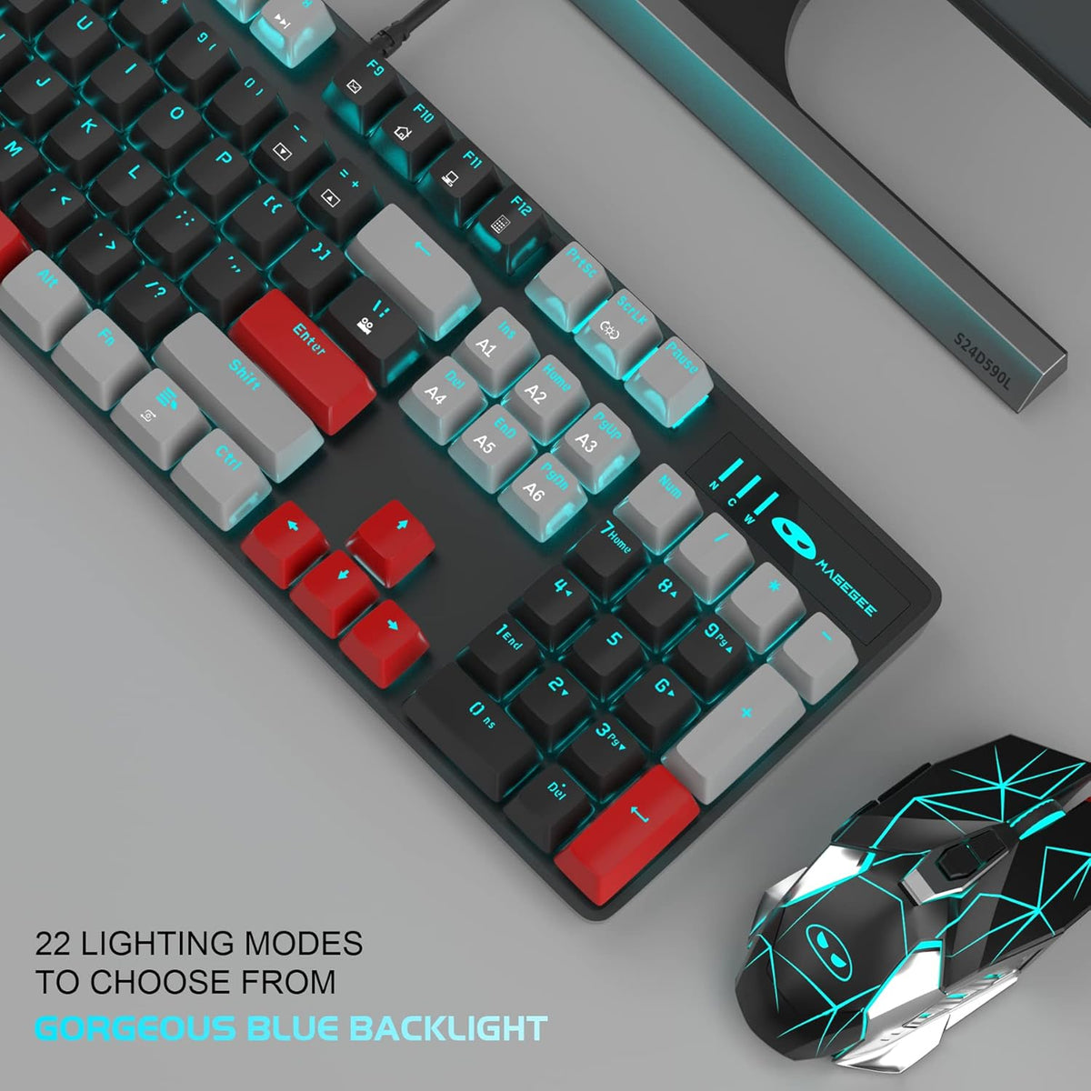 Mechanical Gaming Keyboard, 104 Keys White Backlit Mechanical Keyboards with Red Switches & Double-Shot Keycaps, MageGee Wired Ergonomic Computer Keyboard for Desktop, PC Gamers (White & Blue) - PuriLite