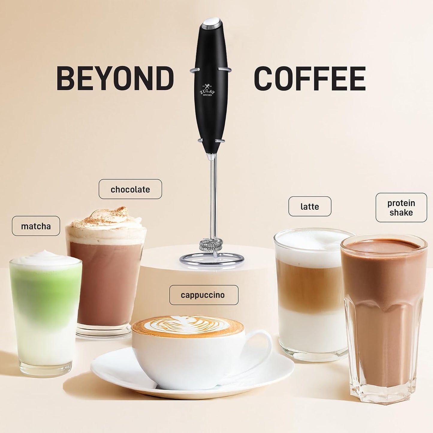 Zulay Kitchen Powerful Double Whisk Milk Frother Handheld - Foam Maker with Stand - Whisk Drink Mixer for Coffee, Mini Foamer for Latte, Matcha, Frappe, Hot Chocolate & Cappuccino (Black) - PuriLite