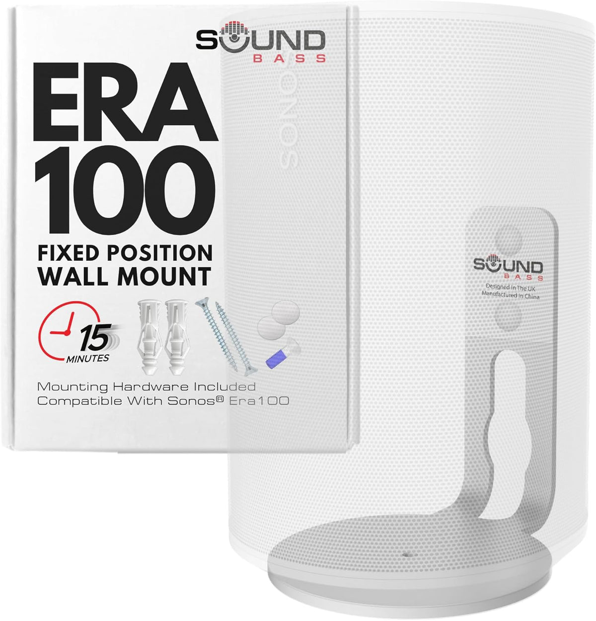 ERA100 Wall Mount Bracket, Low Profile, White, Single Unit, Compatible with Sonos ERA 100 Speaker, Complete with All Fixing Hardware - PuriLite