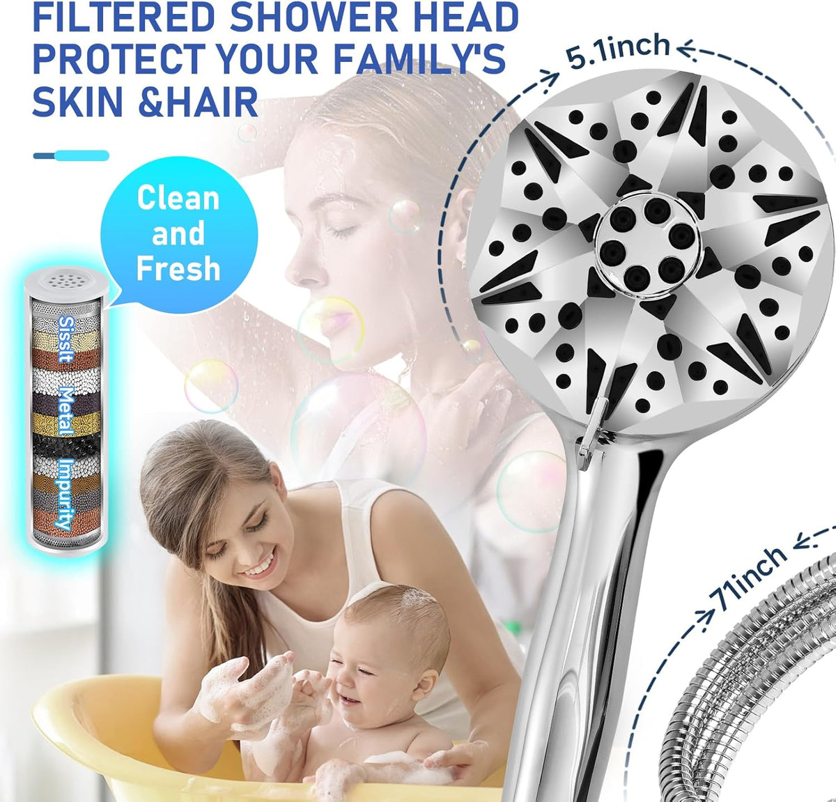 High Pressure Filtered Shower Head, Handheld Shower with 8-Mode Settings 2-Power Jet with Pause Switch, Ideal for Shower Cubicles, Tubs, and Pet Cleaning (Includes Hose & Bracket) - PuriLite