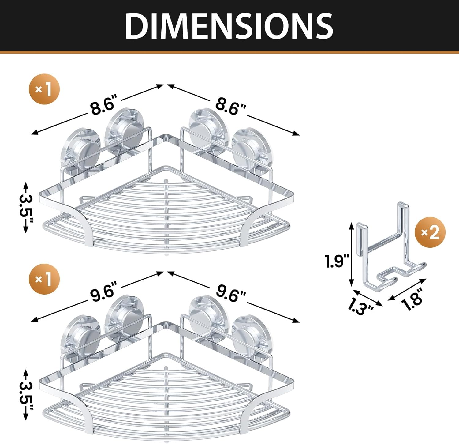 LEVERLOC Shower Caddy Suction Cup, 2 Pack Black Shower Shelf with Hooks and Soap Holder, NO-Drilling Bathroom Organizer, Rustproof Metal Bathroom Storage and Organization - PuriLite