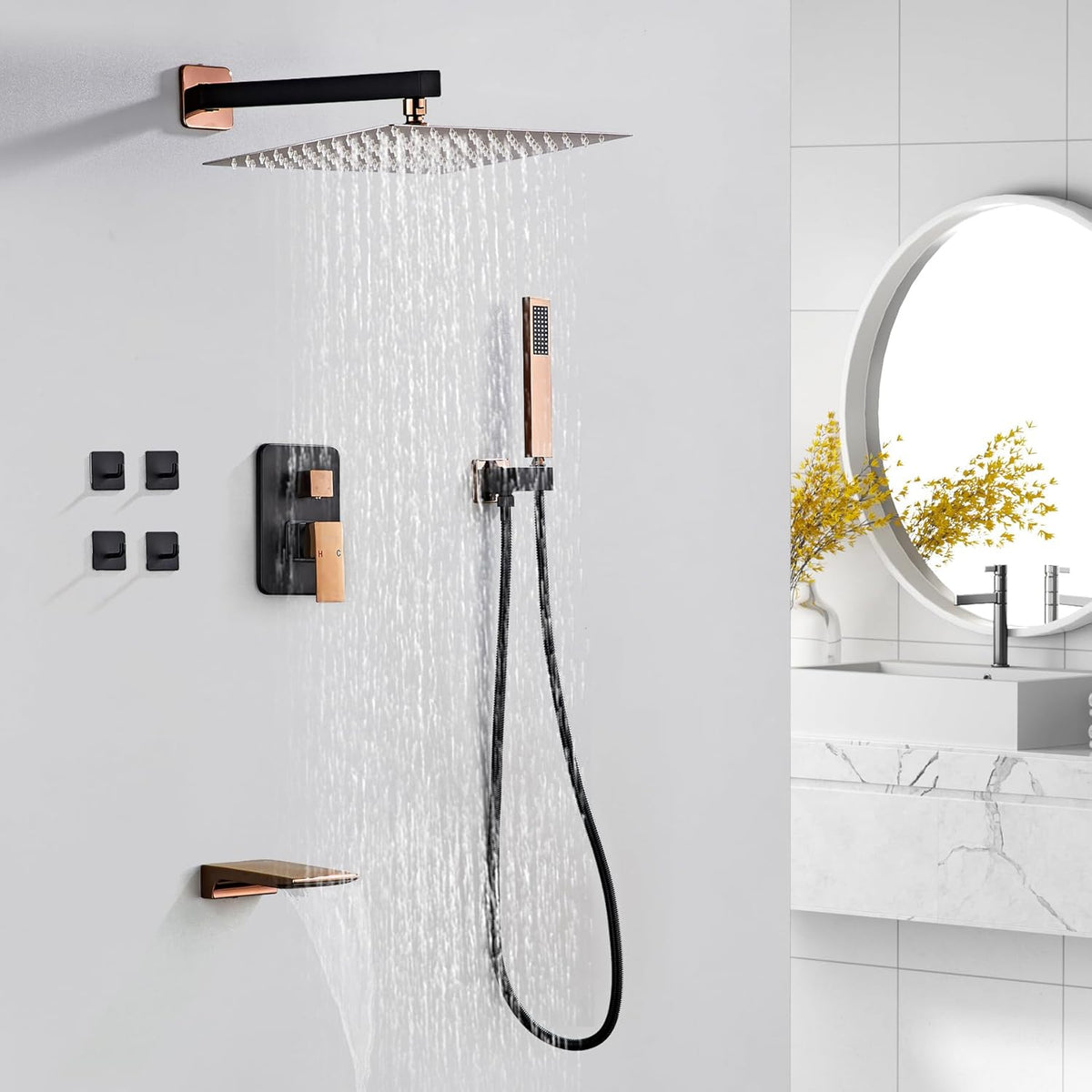 LCEVCGK Shower Faucet Set Complete Matte Black Shower System with 8 inch Square Rainfall Shower Head 3-Function Handheld Shower Waterfall Bathtub Spout Rain Shower Combo Set Bathroom Wall Mounted - PuriLite