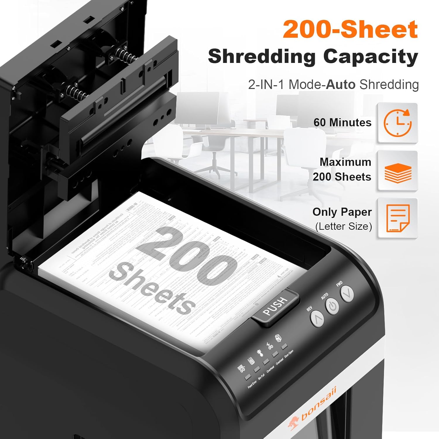 Bonsaii 200-Sheet Auto Feed Paper Shredder, 60 Minutes Nonstop Heavy Duty Shredders, 8.1 Gallon Large Bin Office Document Shredder, Micro-Cut/High Security P-4 Commercial Grade Shredder (C283-A) - PuriLite