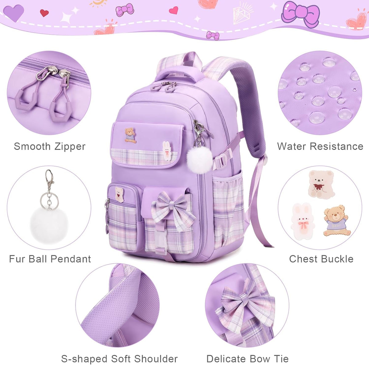 ACESAK Girls Backpack - 3PCS Backpack for Girls Cute School Backpacks for Girls Kindergarten - PuriLite