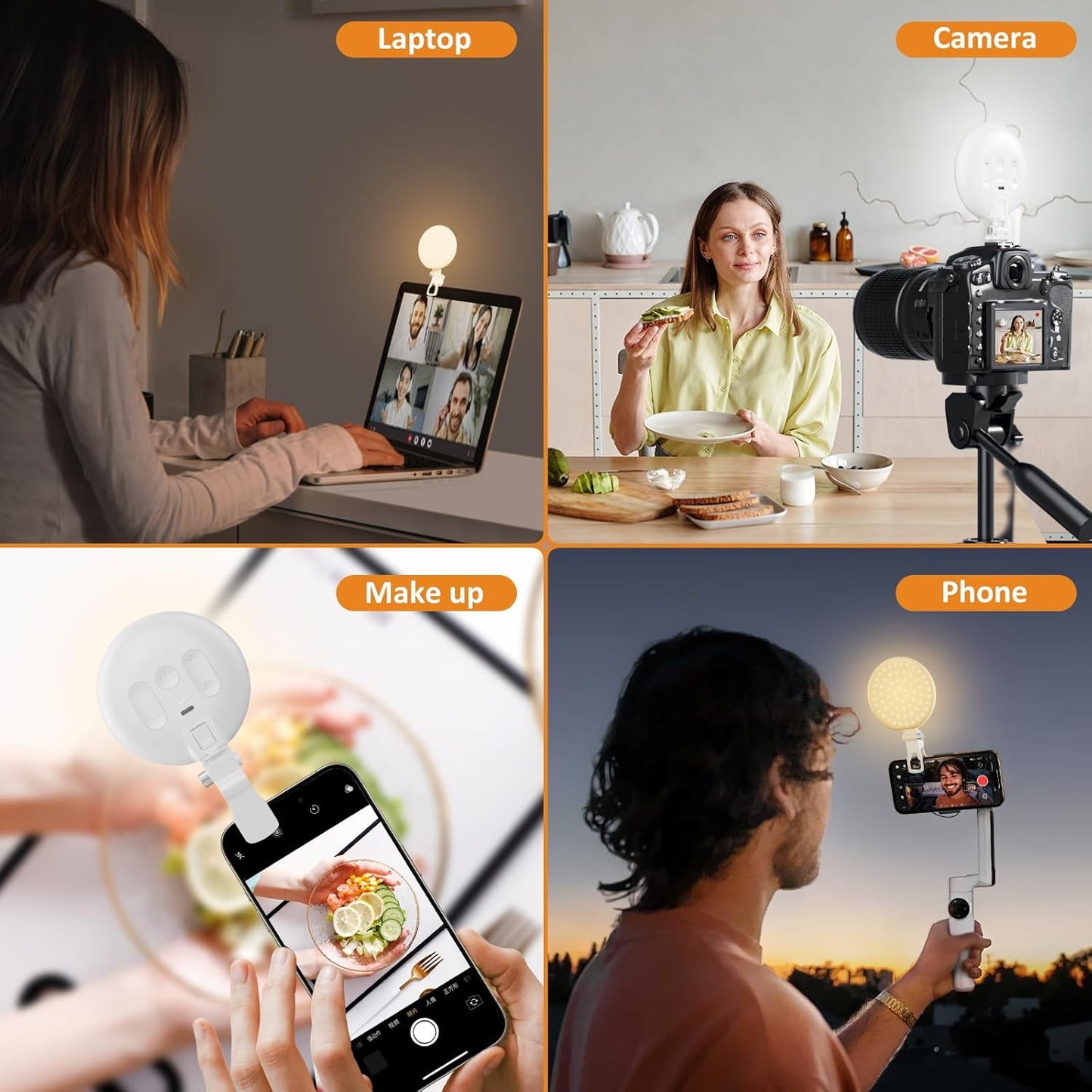 Anautin 60 LED Ring Light, Rechargeable Selfie Light with Front & Back Clip, 2500-6500K Portable Phone Light, Adjustable 3 Light Modes for iPhone, iPad, Tablet, Laptop, CRI97+, 90 Grams (White) - PuriLite