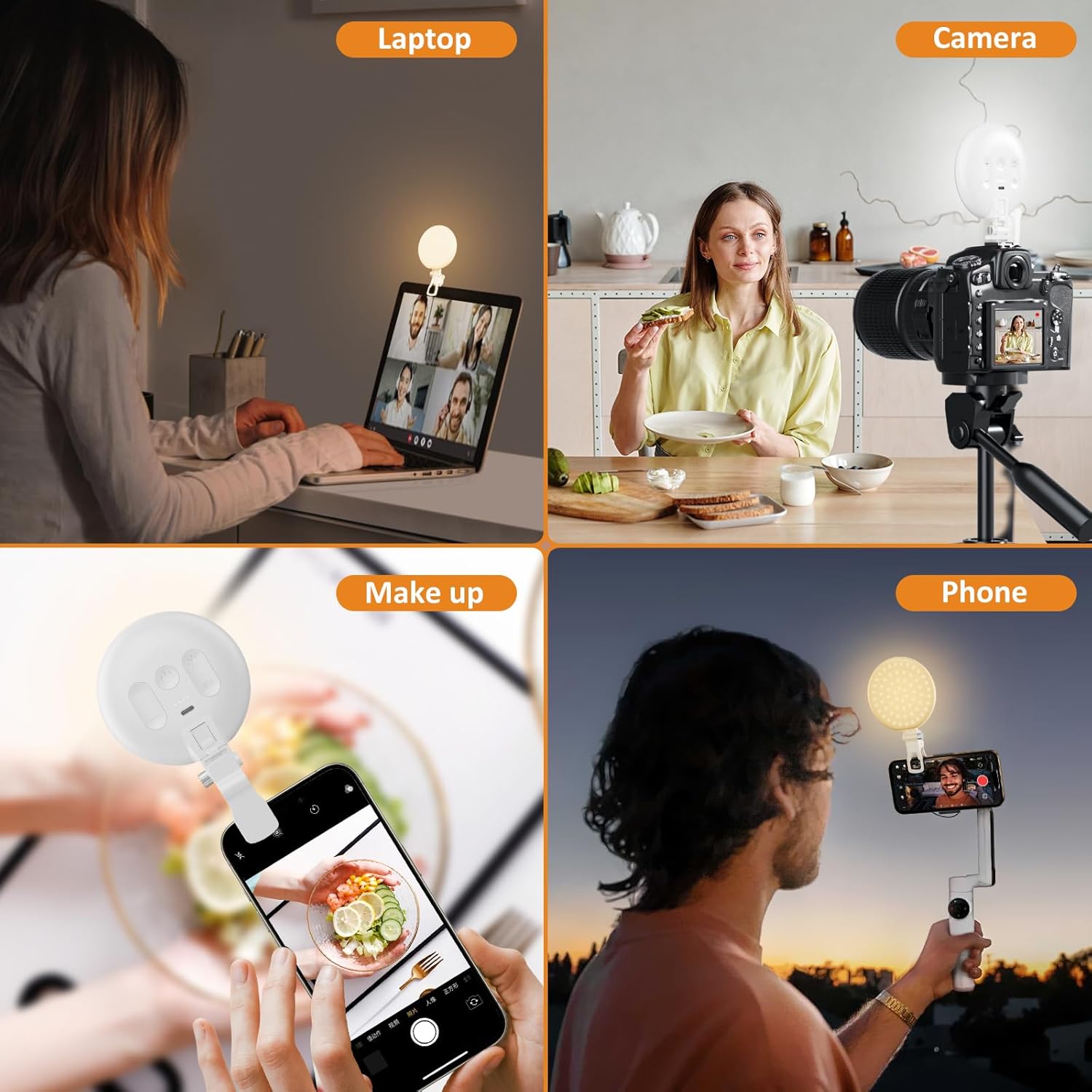 Anautin 60 LED Ring Light, Rechargeable Selfie Light with Front & Back Clip, 2500-6500K Portable Phone Light, Adjustable 3 Light Modes for iPhone, iPad, Tablet, Laptop, CRI97+, 90 Grams (White) - PuriLite