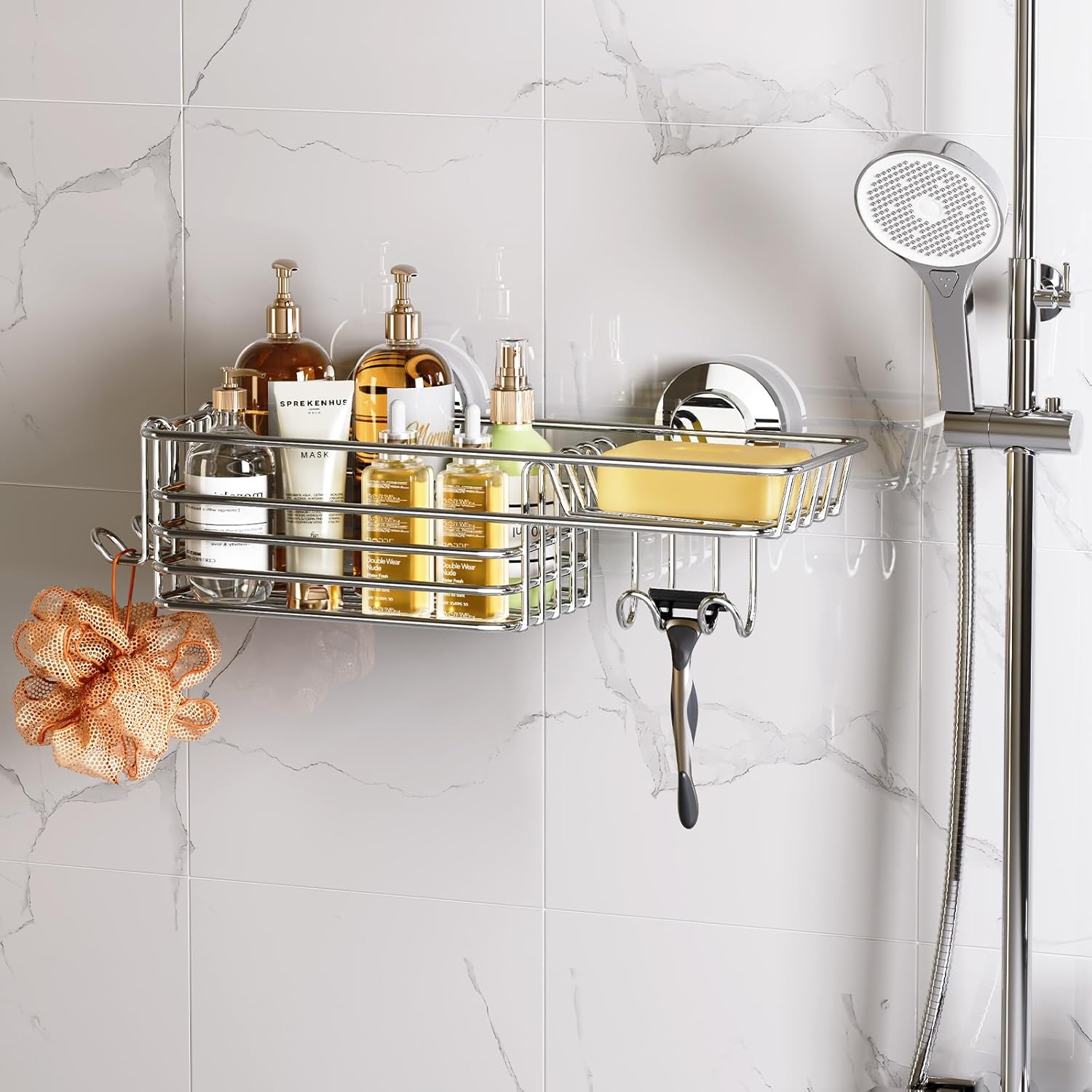 LEVERLOC Shower Caddy Suction Cup, 2 Pack Black Shower Shelf with Hooks and Soap Holder, NO-Drilling Bathroom Organizer, Rustproof Metal Bathroom Storage and Organization - PuriLite