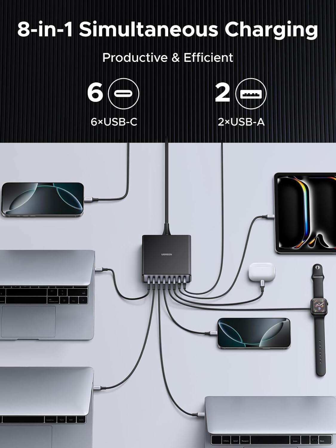 UGREEN 200W 8-Port GaN USB C Charger Block, Desktop Charging Station USB C and USB PD 100W Fast Charging Compatible for MacBook Pro 16" Air, XPS 13, iPad Pro, iPhone 16 Pro, Galaxy S25 - PuriLite