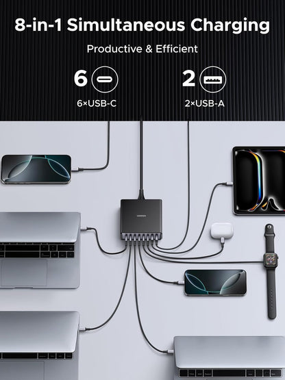 UGREEN 200W 8-Port GaN USB C Charger Block, Desktop Charging Station USB C and USB PD 100W Fast Charging Compatible for MacBook Pro 16" Air, XPS 13, iPad Pro, iPhone 16 Pro, Galaxy S25 - PuriLite