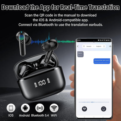 AI Translation Earbuds Real Time, 3-in-1 Language Translator Earbuds for 144 Languages & Accents Online Translation, 48H translate Earbuds with Bluetooth & APP for Travel/Business/Learning, Black - PuriLite