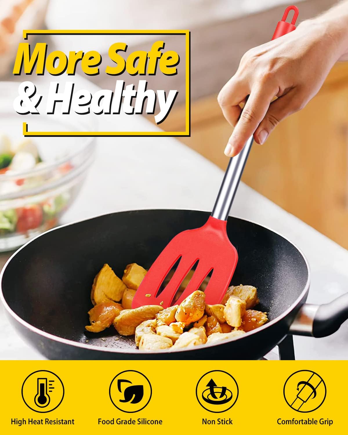 Pack of 2 Silicone Slotted Spatula,Non Stick Solid Kitchen Turner, High Heat Resistant BPA Free Cooking Utensils for Fish, Eggs, Pancakes（Black - PuriLite