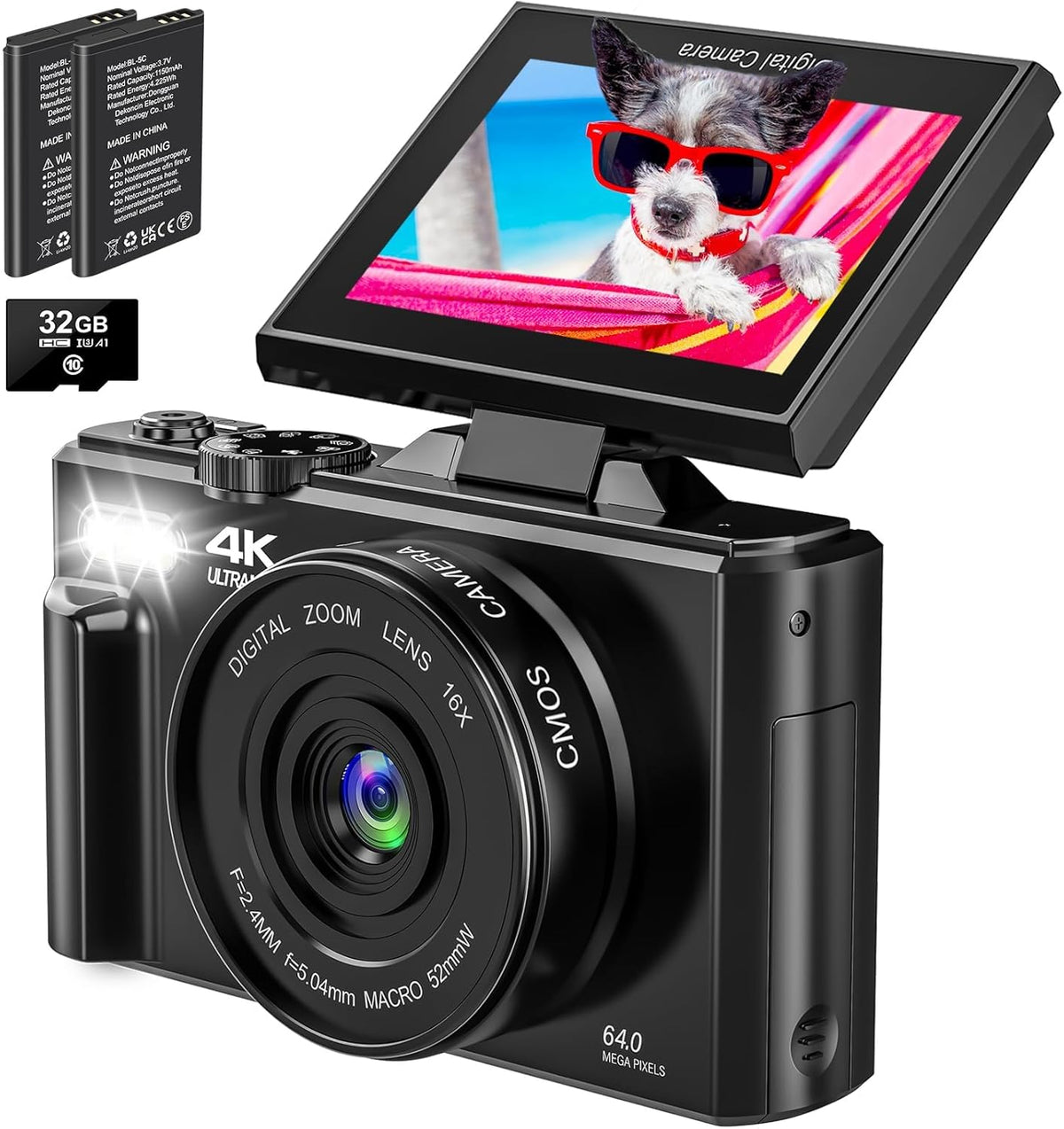 4K Digital Camera - 64MP Point and Shoot Digital Cameras for YouTube - 3.0'' Flip Screen 18X Zoom AutoFocus Vlogging Camera for Photography - Compact Video Camera with 2 Batteries, 32G SD Card - PuriLite
