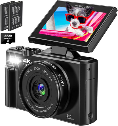 4K Digital Camera - 64MP Point and Shoot Digital Cameras for YouTube - 3.0'' Flip Screen 18X Zoom AutoFocus Vlogging Camera for Photography - Compact Video Camera with 2 Batteries, 32G SD Card - PuriLite