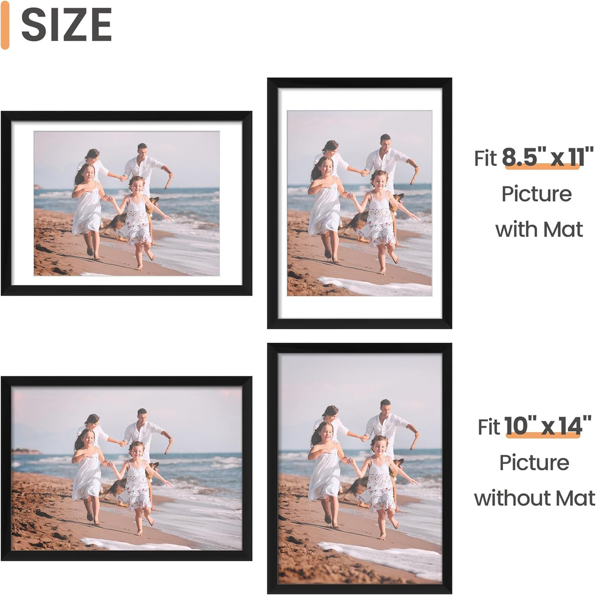 upsimples 11x14 Picture Frame, Display Pictures 8x10 with Mat or 11x14 Without Mat, Wall Hanging Photo Frames, Black - PuriLite