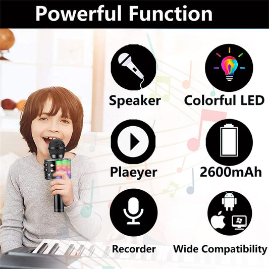 Wireless Bluetooth Karaoke Microphone with LED Lights – 4-in-1 Portable Handheld Singing Mic & Speaker, Voice Change, Rechargeable Battery, for Kids, Teens & Adults (Black) - PuriLite