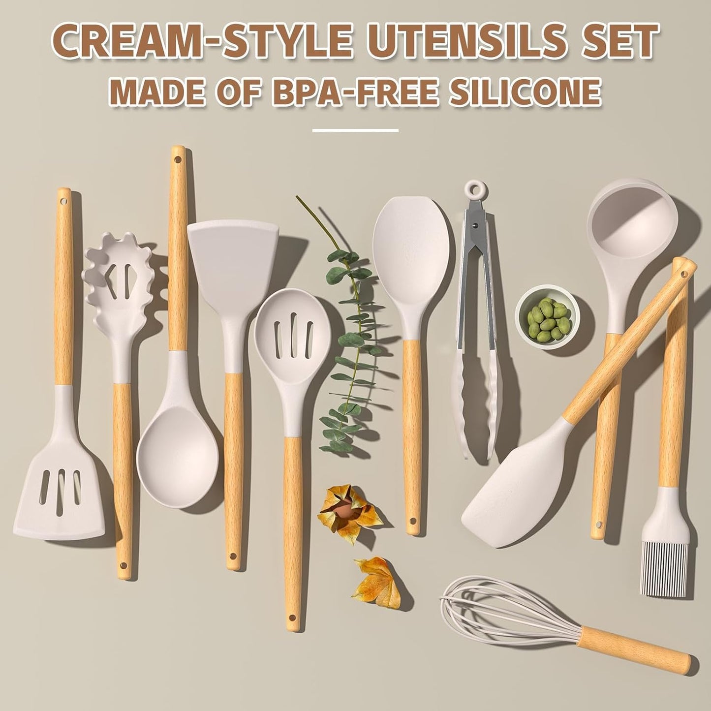Umite Chef Kitchen Cooking Utensils Set, 33 pcs Non-Stick Silicone Cooking Kitchen Utensils Spatula Set with Holder, Wooden Handle Silicone Kitchen Gadgets Utensil Set (Khaki) - PuriLite