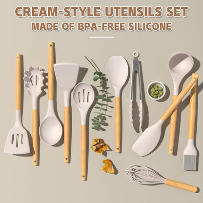 Umite Chef Kitchen Cooking Utensils Set, 33 pcs Non-Stick Silicone Cooking Kitchen Utensils Spatula Set with Holder, Wooden Handle Silicone Kitchen Gadgets Utensil Set (Khaki) - PuriLite