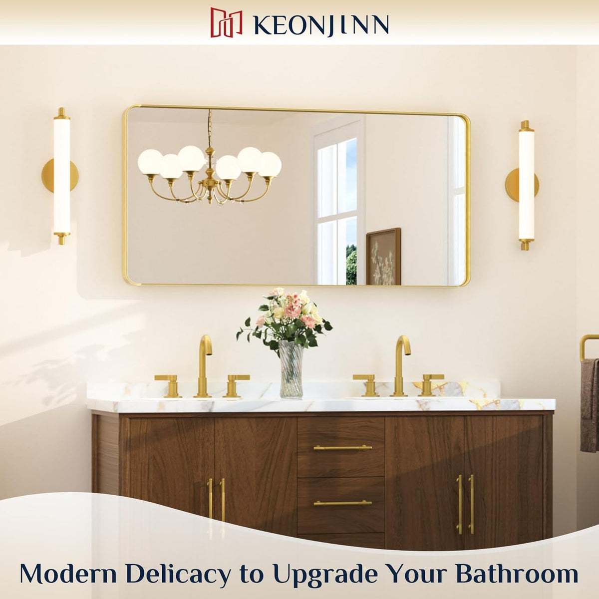 Keonjinn 42 x 36 Brushed Nickel Bathroom Vanity Mirror, Large Rounded Rectangle Bathroom Mirrors for over Sink, Metal Framed Silver Mirror for Wall, Shatterproof HD Tempered Glass(Horizontal/Vertical) - PuriLite