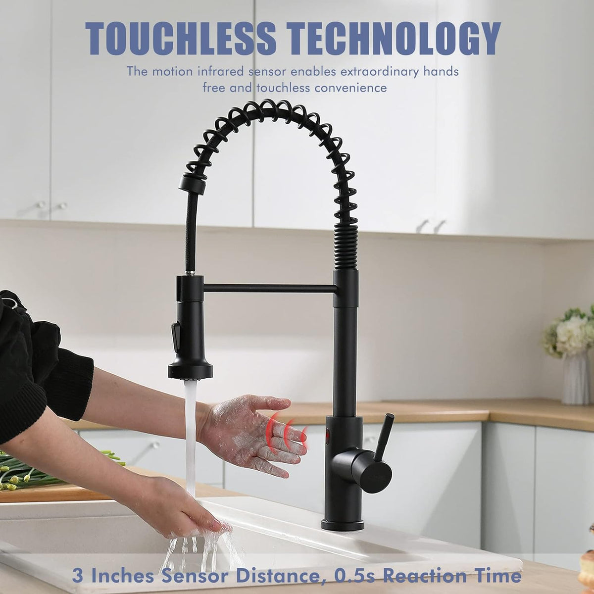 GIMILI Matte Black Kitchen Faucet with LED Light,Single Hole Spring Kitchen Sink Faucet with Pull Down Sprayer - PuriLite