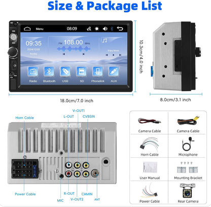 Universal Double Din Car Stereo 7 inch Touchscreen Radio with Mirror Link FM Receiver Multimedia Player Head Unit Bluetooth EQ USB TF AUX+ 12 LED Backup Camera MIC - PuriLite