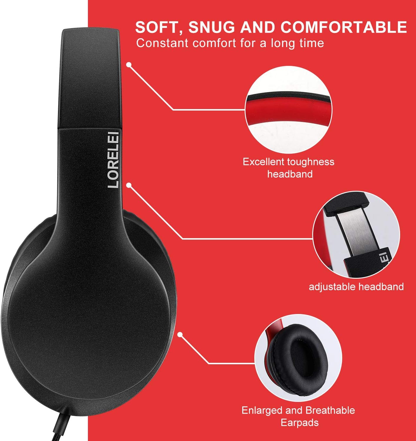 LORELEI X6 Over-Ear Wired Stereo Bass Headphones with Microphone, Lightweight, Foldable & Portable with 1.45M No-Tangle for Smartphone, Tablet, MP3/4, Space Black - PuriLite