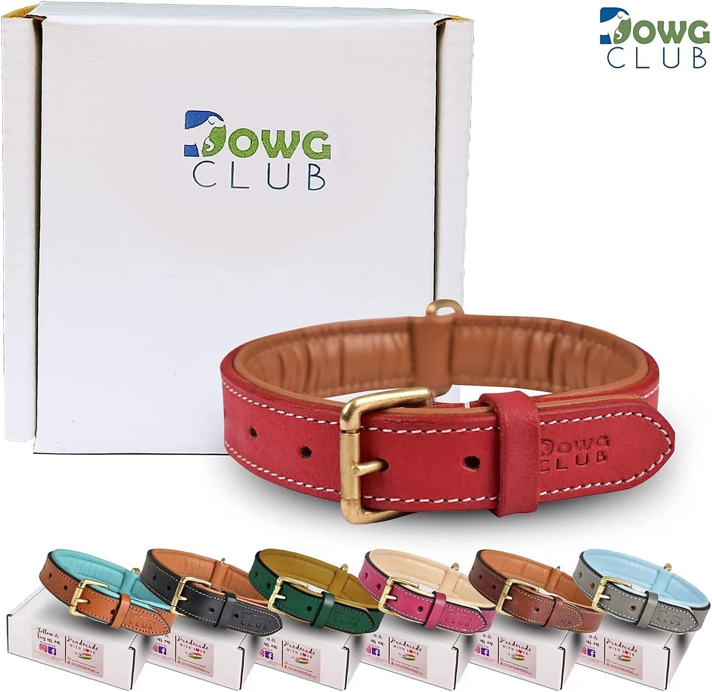DowgClub | Genuine Leather Dog Collar | Full Grain, Heavy Duty | Comfortable, Strong | Best for Pups, Small, Medium & Large Breeds | Pink, Brown, Black, Tan - PuriLite