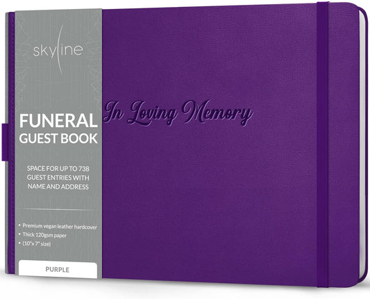 Skyline Funeral Guest Book for Memorial & Funeral Services – in Loving Memory Guest Sign in Book for Funerals – 738 Guest Entries with Name & Address, 129 Pages, Hardcover, 10x7″ (Purple) - PuriLite