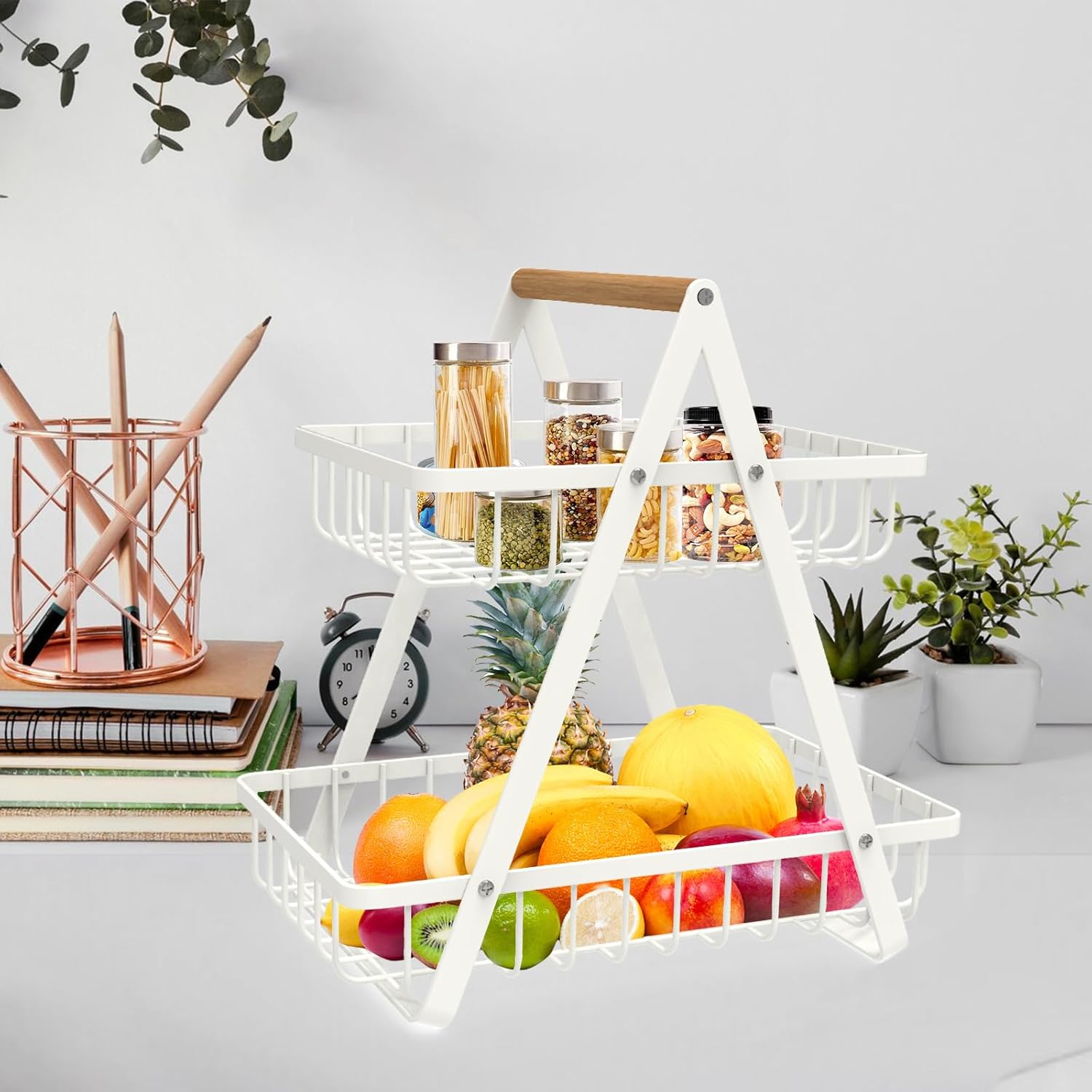 2 Tier Countertop Fruit Basket,Portable Fruit Bowle Basket for Kitchen Organizer Storage & Dining Room Fruits Vegetable Bread Snacks,MAHUEEOL Detachable Metal Rectangle Basket Storage - PuriLite