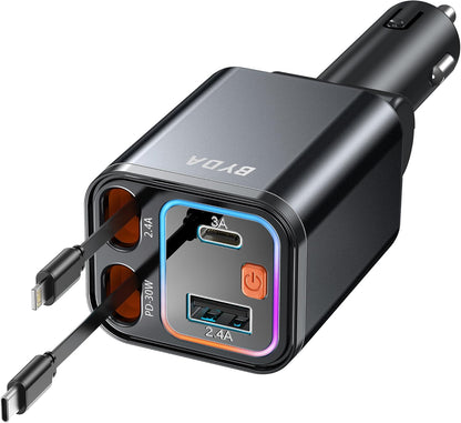4 in 1 Retractable Car Charger,69W Fast Charging USB C for iPhone 16/15/14/13/12,iPad,Android,Galaxy,Pixel,Cigarette Lighter Adapter (Light-ning+USB-C) - PuriLite