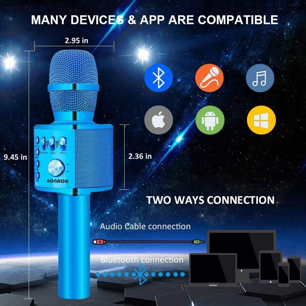 BONAOK Wireless Bluetooth Karaoke Microphone,3-in-1 Portable Instrument Wireless Microphone Mic Speaker Machine Home Party Birthday for All Smartphones（Black） - PuriLite