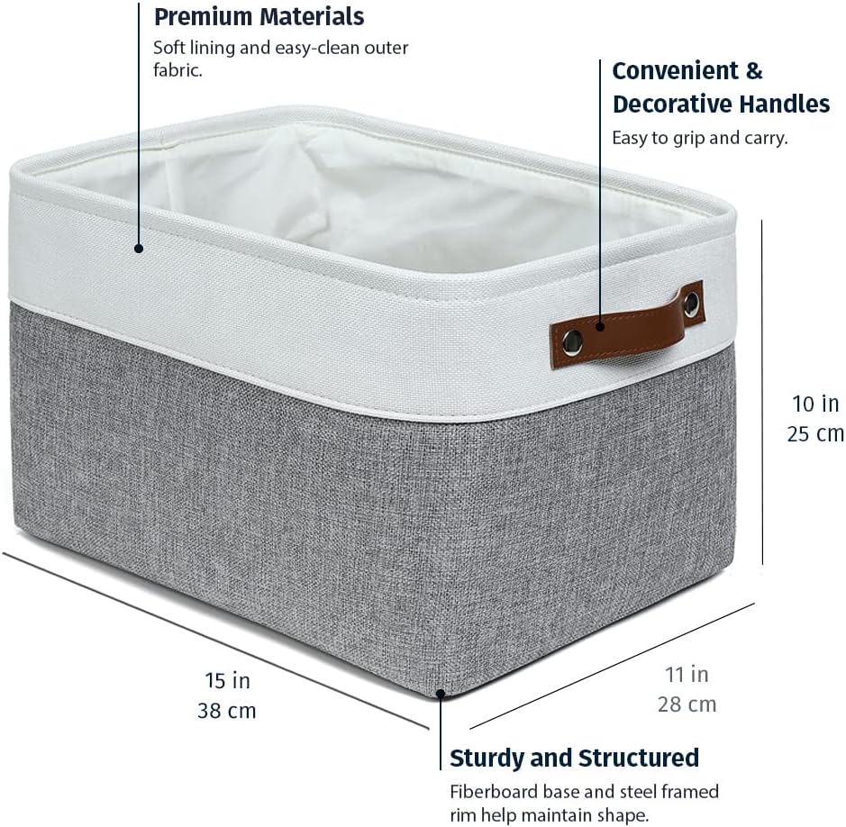 OrganiHaus Large Fabric Storage Baskets for Shelves 3 Pack, 15x11in Closet Storage Bins for Shelves, Cloth Baskets, Fabric Storage Cubes, Linen Closet Organizers, Fabric Basket, White Basket - PuriLite