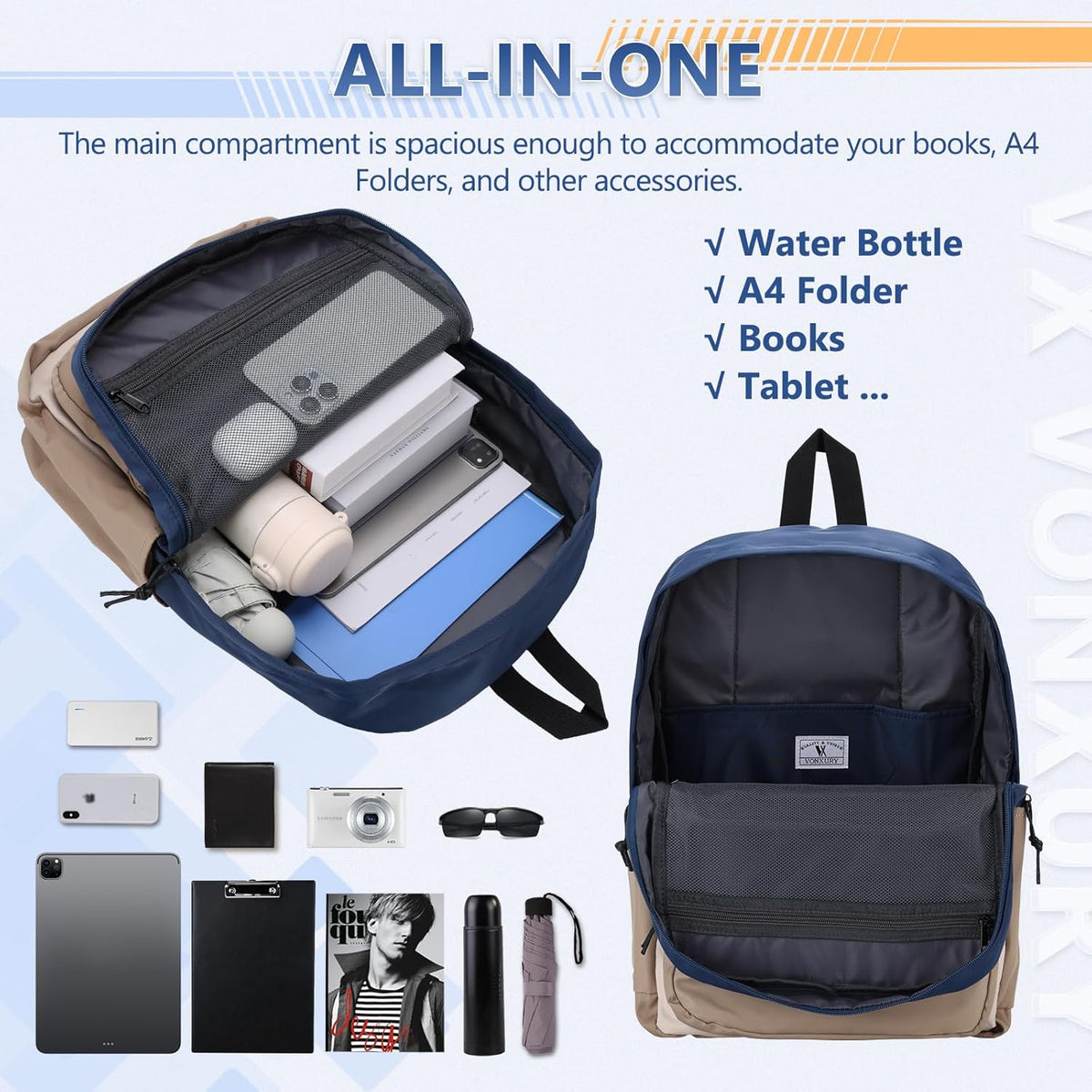 School Backpack for Kids,Lightweight Water Resistant Work Travel Backpack for Women Men Teens VONXURY - PuriLite