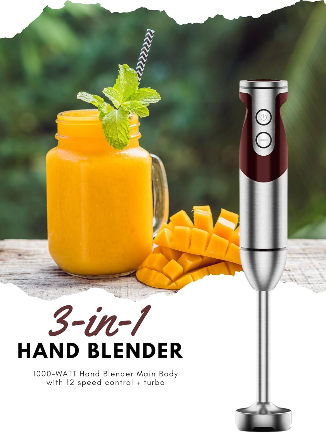 MEGAWISE new Hand Blender Series Only one Hand Blender,no attachments,12-Speed,Includes Powerful Blender Stick- Easy to Clean and Perfect for Smoothies, and More (Black) - PuriLite