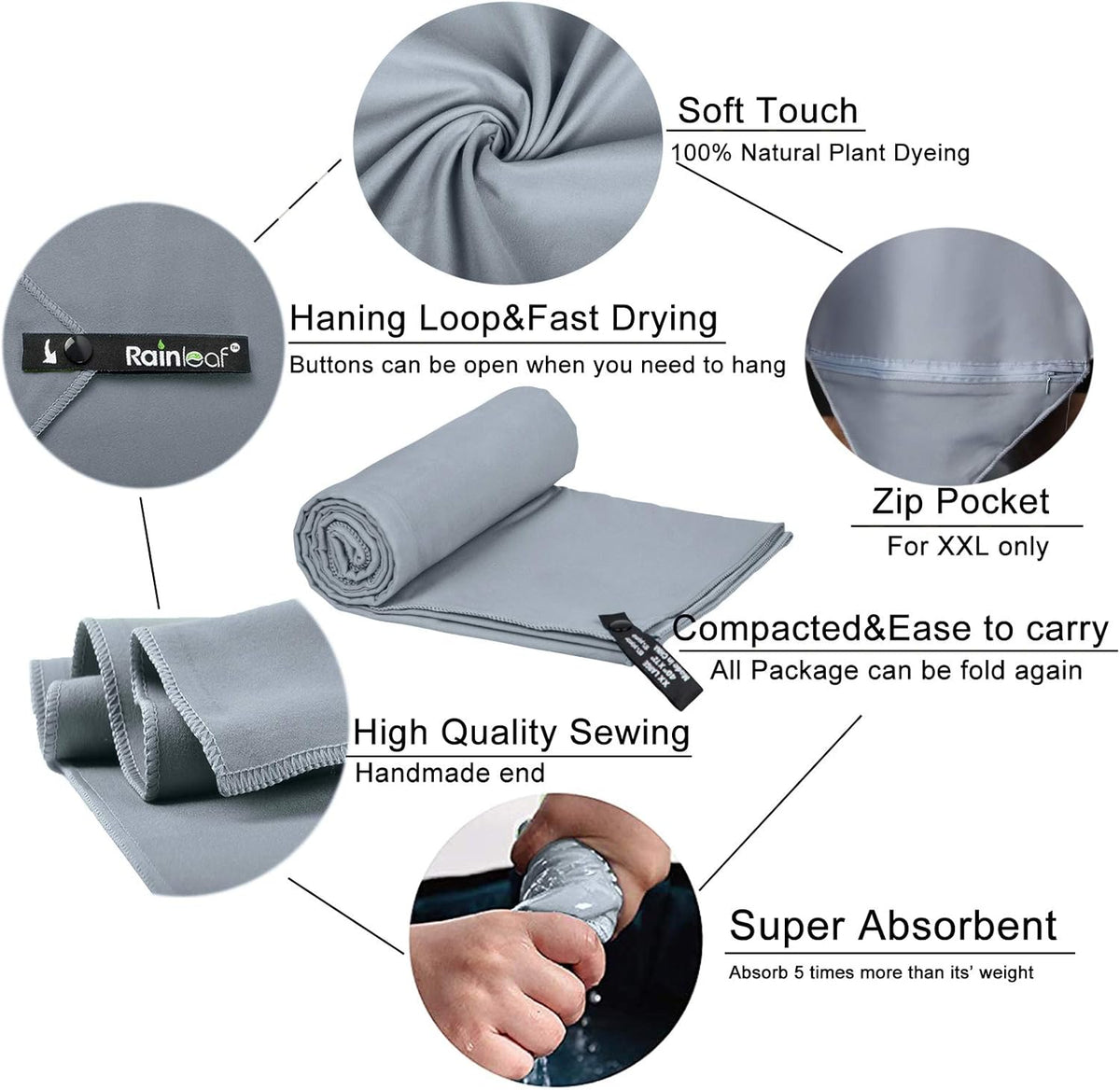 Rainleaf Microfiber Towel Perfect Travel & Gym & Camping Towel. Quick Dry - Super Absorbent - Ultra Compact - Lightweight. Suitable for Trip, Beach, Shower, Backpacking, Pool - PuriLite