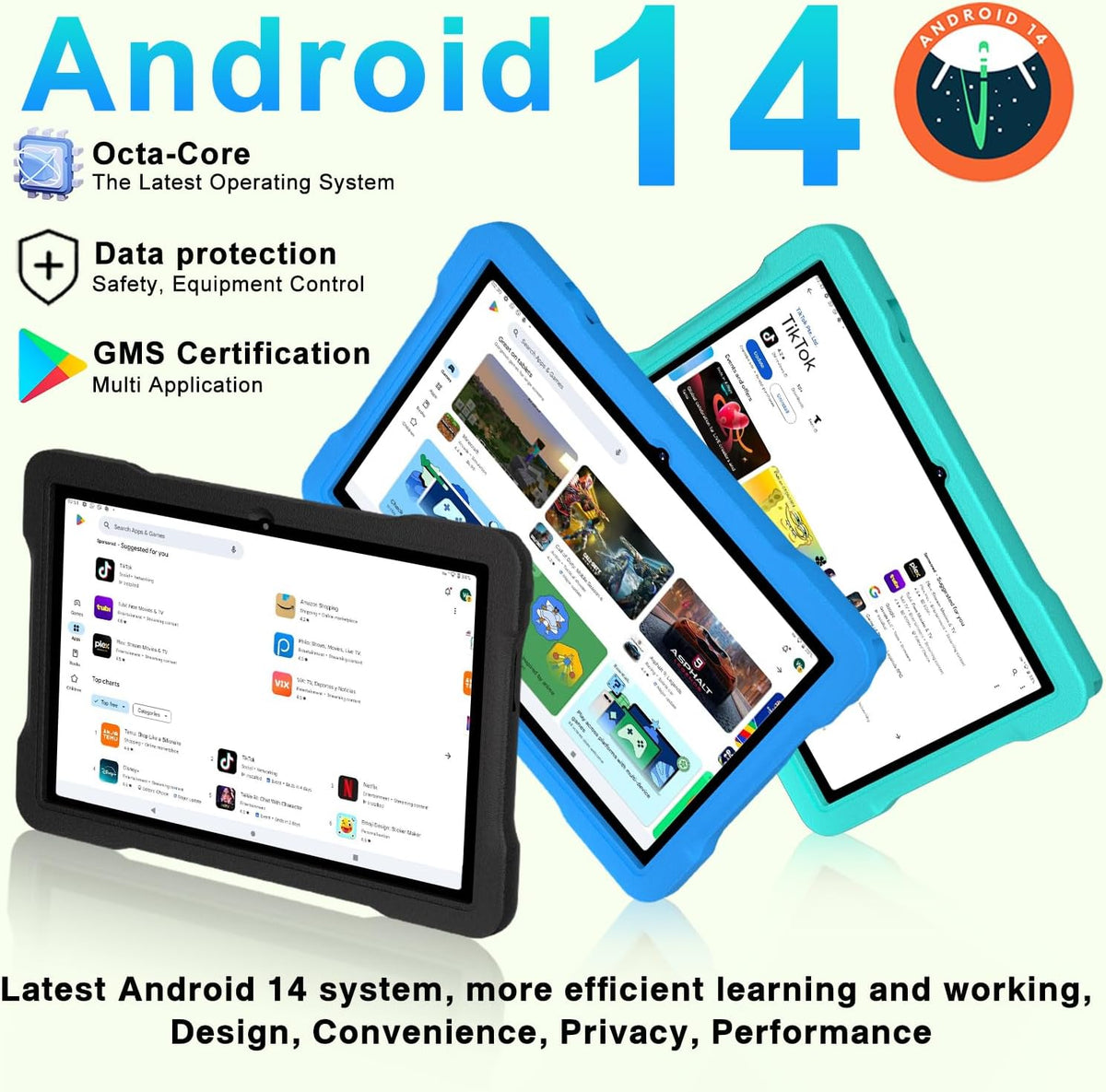 Kids Tablet Android 14 Tablet, 2025 Newest 10.1 inch Tablets, 20GB+128GB/1TB Expandable, Tablets with WiFi 6, Octa-Core, Widevine L1, Parental Control, Dual Camera, Bluetooth 5.0, Tablet EVA - Blue - PuriLite