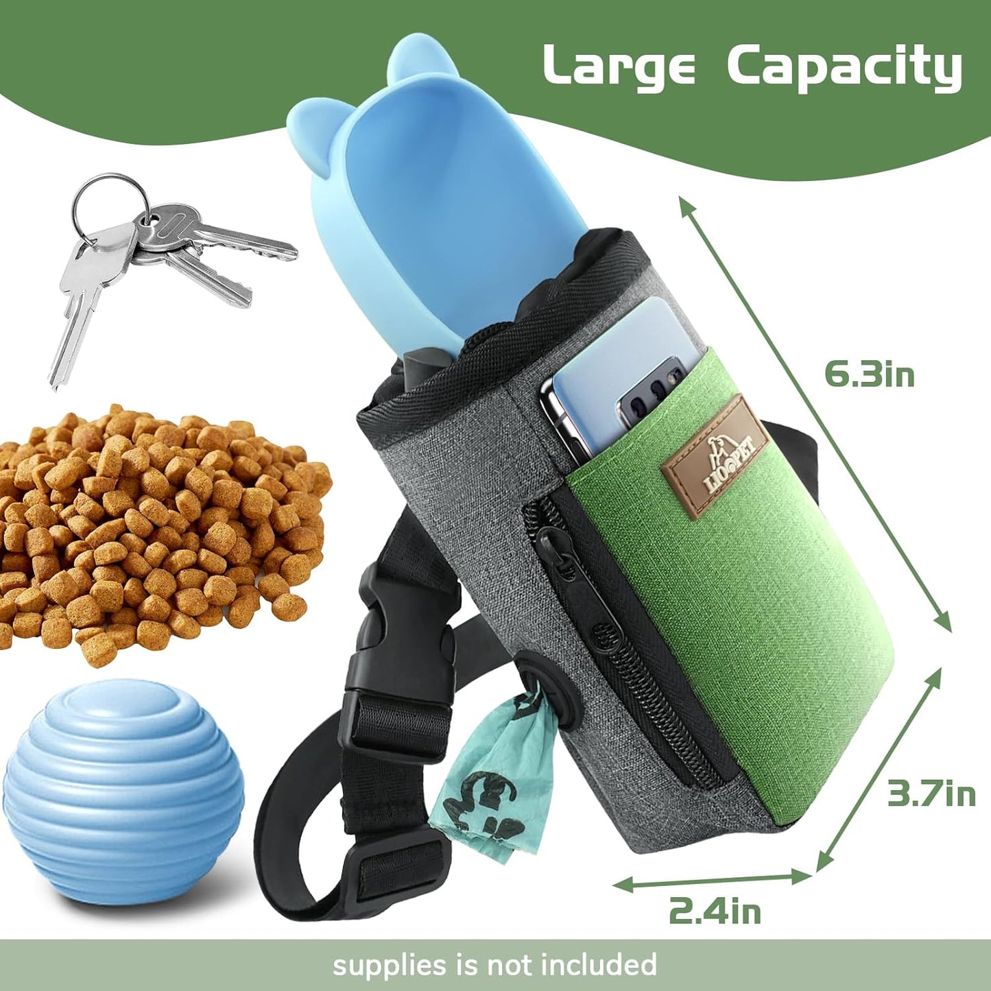 LIOOPET Dog Treat Pouch - Fashionable Green&Grey Design - Large Capacity Dog Treat Bag for Dog Walks, Outdoor Activities, Travel and Training - Includes 1 Poop Bags - PuriLite