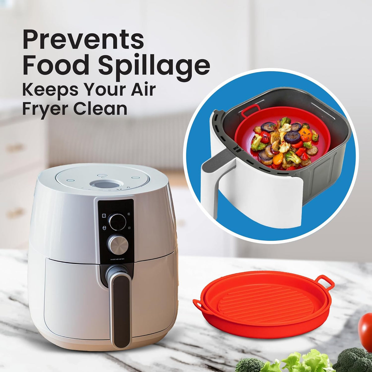 Collapsible Silicone Air Fryer Basket Liners Pot - AirFryer Liners Reusable Bowls for 3 to 5 qt - Air Fryer Accessories 2 Pack - Round Silicone Liners (Red & Blue) - PuriLite