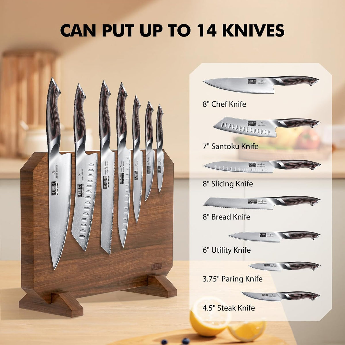 HOSHANHO Magnetic Knife Block 14 x 10 Inches, Double Sided Magnetic Knife Holder Rack for Kitchen Counter, Acacia Wood Magnetic Knife Storage Stand with Knife Sharpener - PuriLite