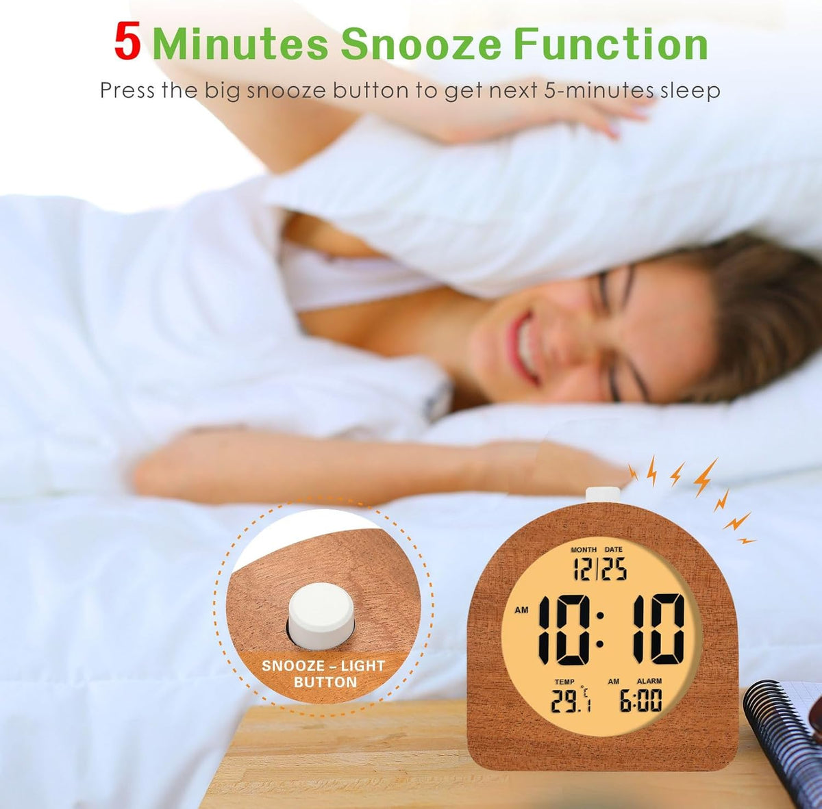 Plumeet Wooden Digital Alarm Clock for Bedrooms, Wood 4'' Battery Powered Alarm Clock with Snooze and Nightlight, Electronic LCD Desk Clock Display Time, Date, Temp, 12/24H, Wood Décor (Sapele, 3.2'') - PuriLite