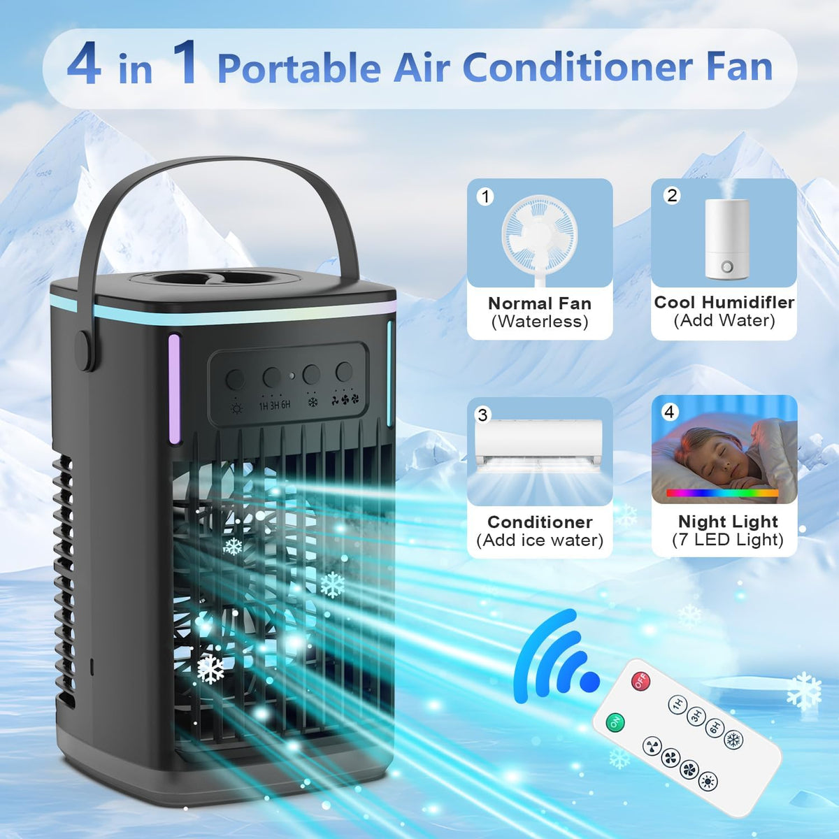 Portable Air Conditioners Fan with Remote, 4-in-1 Portable AC with 1500ml Water Tank, 3 Wind Speeds, 6H Timer, 2 Cool Mist, 7 Lights, Personal Mini Air Conditioner for Room Bedroom Office (Black) - PuriLite