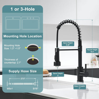 GIMILI Matte Black Kitchen Faucet with LED Light,Single Hole Spring Kitchen Sink Faucet with Pull Down Sprayer - PuriLite