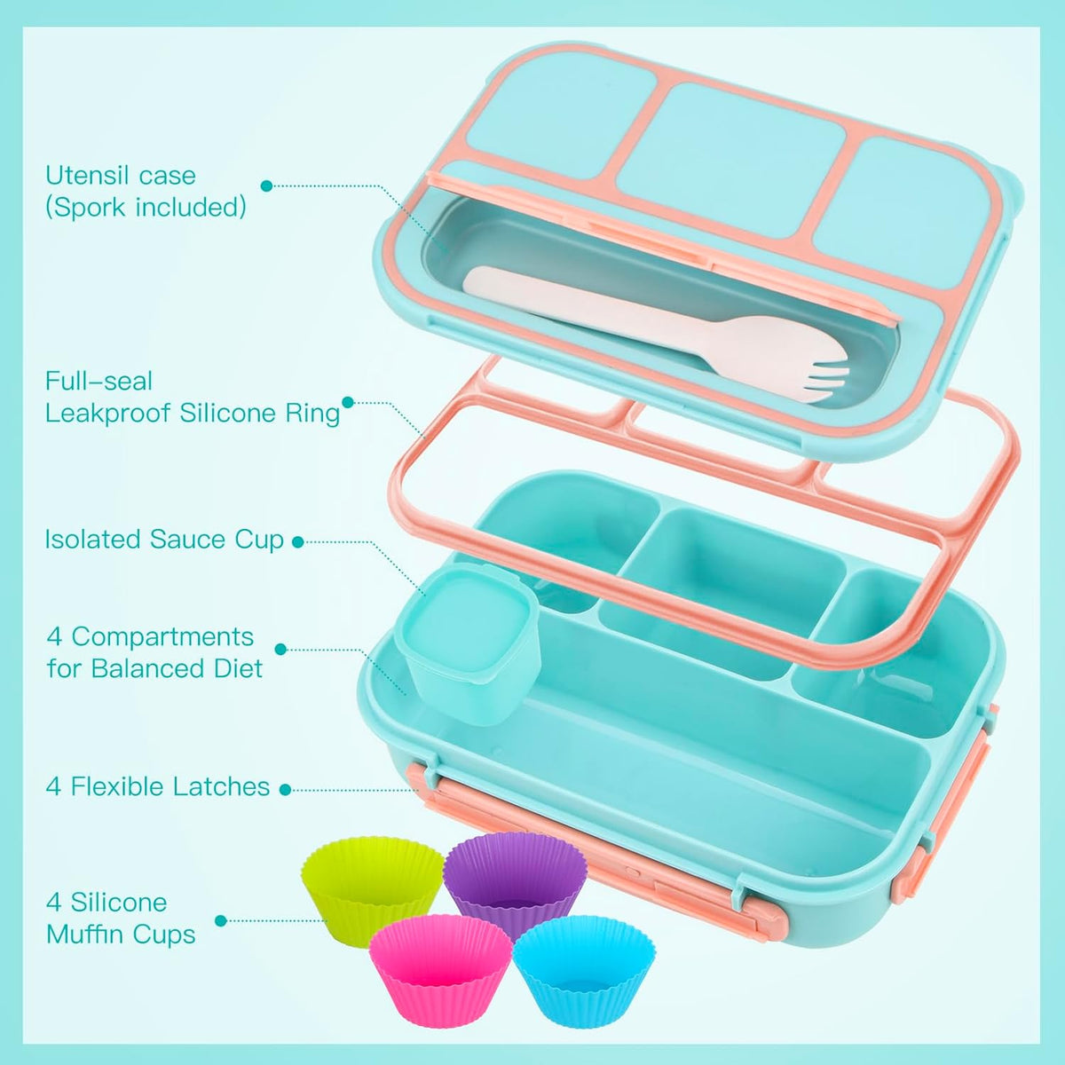 MaMix Bento Lunch Box Adult, Kids, Lunch Containers for Adults/Kids/Students,1300ML-4 Compartment (Blue) - PuriLite