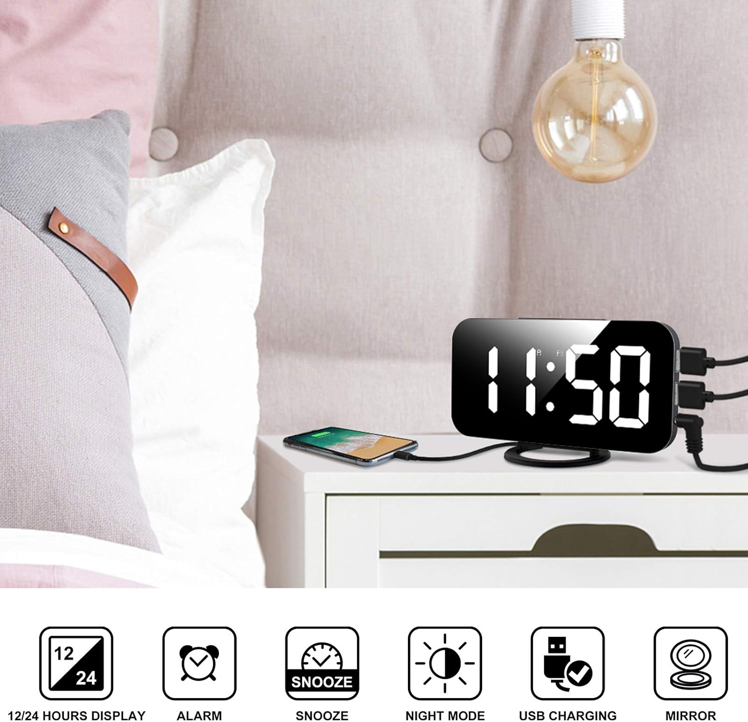 Digital Alarm Clock,Large LED Mirror Display, 2 USB Charging Ports，Auto Dim Mode，Modern Design Clock for Bedroom Office, White - PuriLite