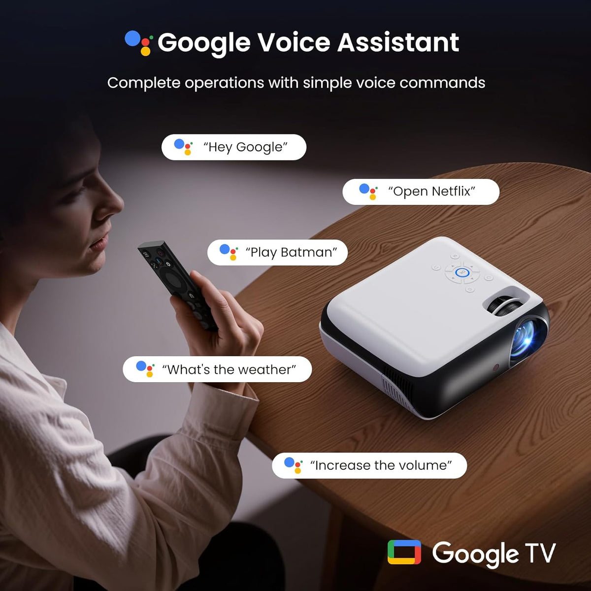 Official Licensed Google TV Smart Projector, HAPPRUN Projector 4k Support with Dolby Sound, Built-in Streaming Apps, Native 1080P, Wi-Fi & Bluetooth, Projecteur for Home Cinema,Gaming,Outdoor - PuriLite