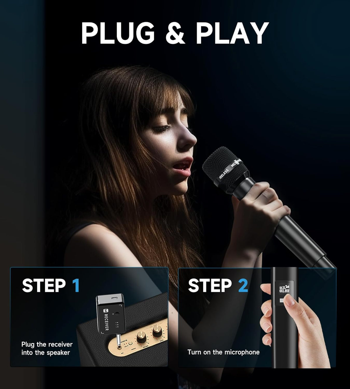 Wireless Microphone, Wireless Mic with One-to-One Chip Connection, 40H Rechargeable Battery, 200FT Range, Plug and Play, Ergonomic Design,Less Latency Microphone for Singing, Speech, Party - PuriLite